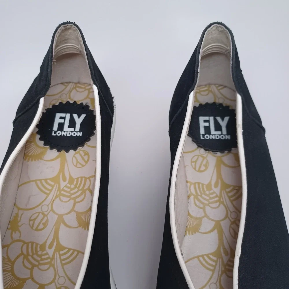 Fly London Black Nubuck Leather Asymmetrical Wedge Platform Pumps 38 or 7